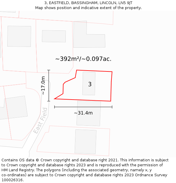 3, EASTFIELD, BASSINGHAM, LINCOLN, LN5 9JT: Plot and title map