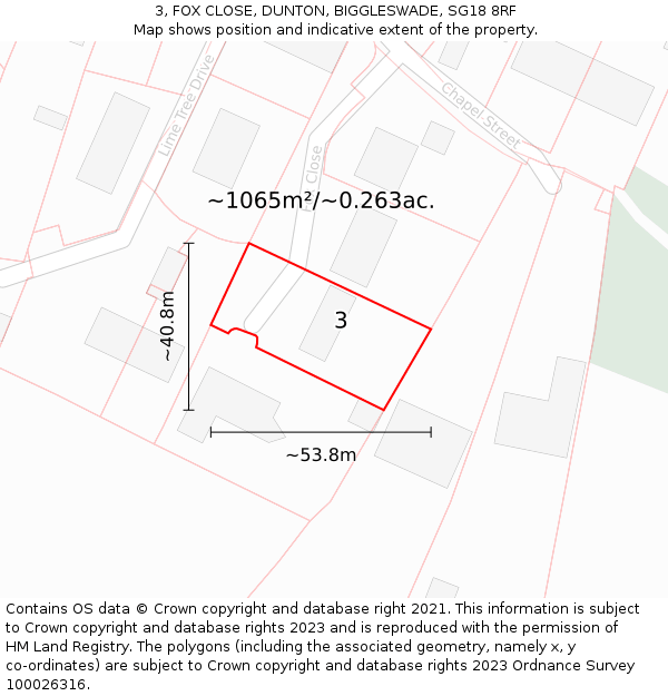 3, FOX CLOSE, DUNTON, BIGGLESWADE, SG18 8RF: Plot and title map