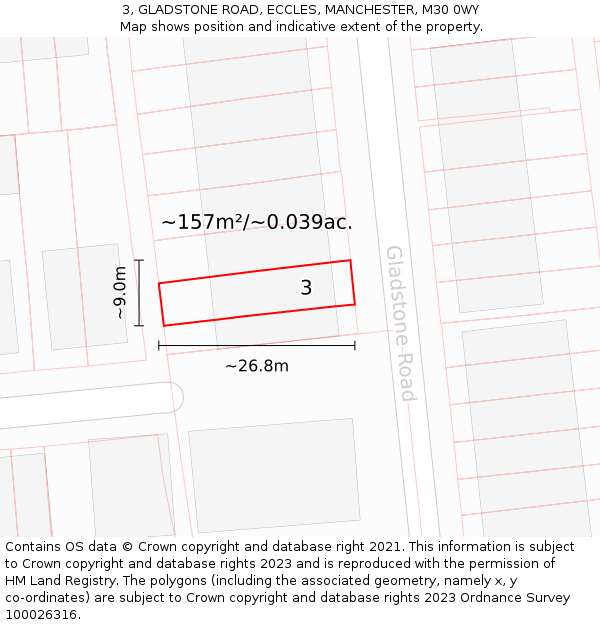 3, GLADSTONE ROAD, ECCLES, MANCHESTER, M30 0WY: Plot and title map