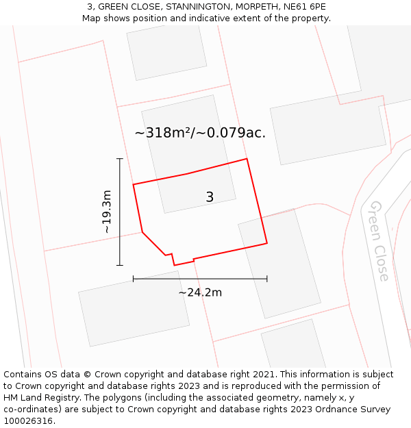 3, GREEN CLOSE, STANNINGTON, MORPETH, NE61 6PE: Plot and title map