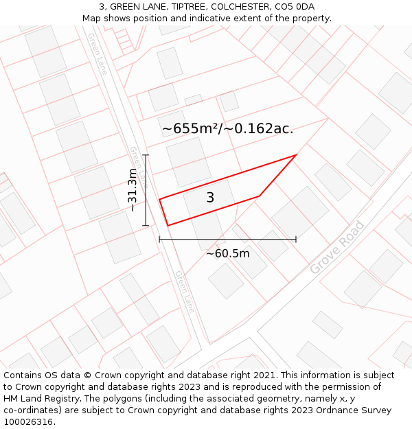 3, GREEN LANE, TIPTREE, COLCHESTER, CO5 0DA: Plot and title map