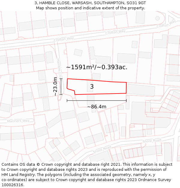 3, HAMBLE CLOSE, WARSASH, SOUTHAMPTON, SO31 9GT: Plot and title map