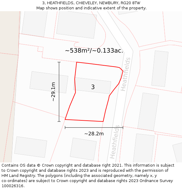 3, HEATHFIELDS, CHIEVELEY, NEWBURY, RG20 8TW: Plot and title map