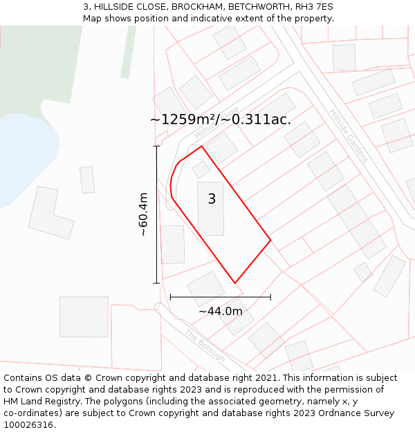 3, HILLSIDE CLOSE, BROCKHAM, BETCHWORTH, RH3 7ES: Plot and title map