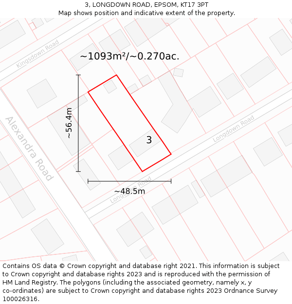 3, LONGDOWN ROAD, EPSOM, KT17 3PT: Plot and title map