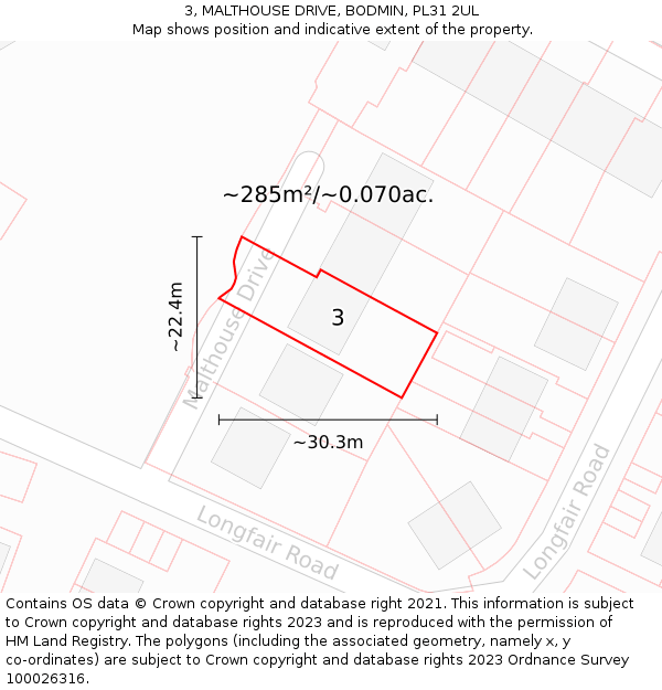 3, MALTHOUSE DRIVE, BODMIN, PL31 2UL: Plot and title map