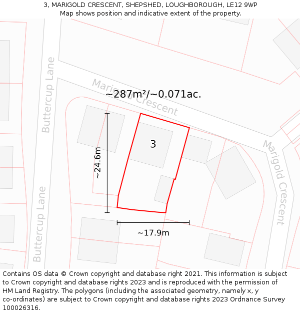 3, MARIGOLD CRESCENT, SHEPSHED, LOUGHBOROUGH, LE12 9WP: Plot and title map