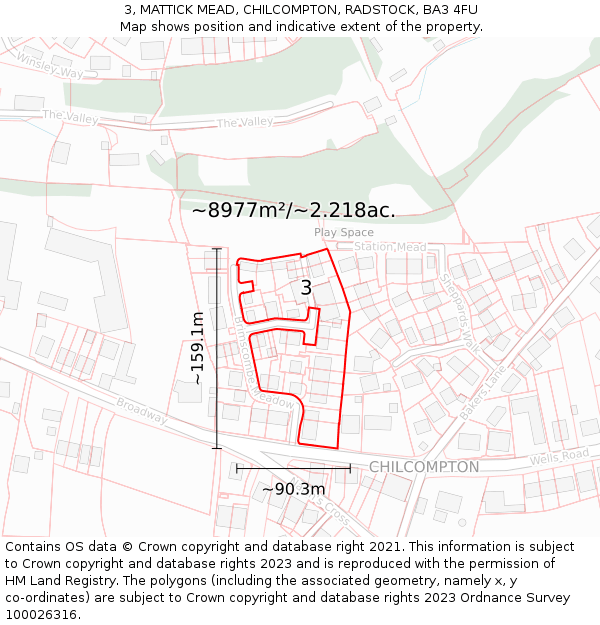 3, MATTICK MEAD, CHILCOMPTON, RADSTOCK, BA3 4FU: Plot and title map