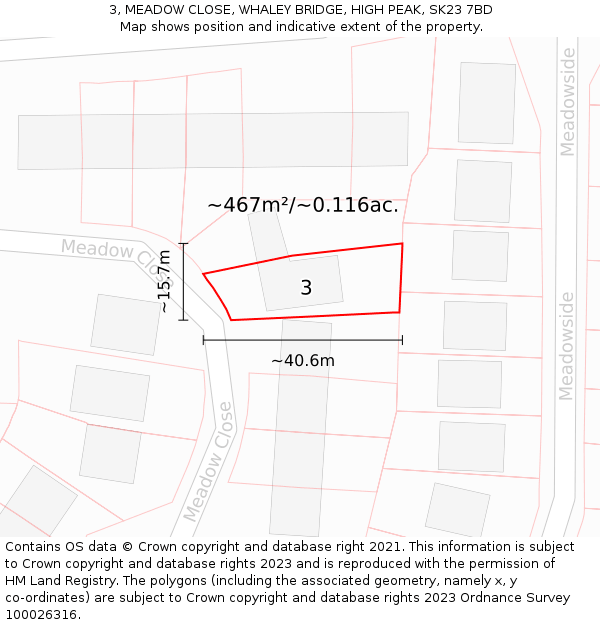 3, MEADOW CLOSE, WHALEY BRIDGE, HIGH PEAK, SK23 7BD: Plot and title map
