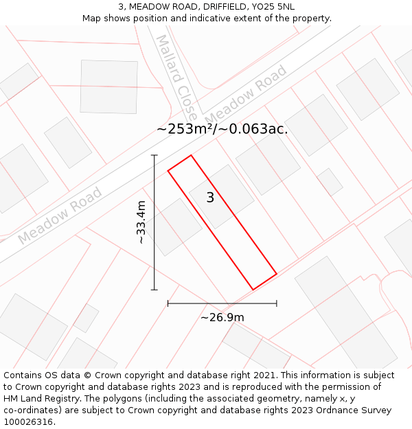 3, MEADOW ROAD, DRIFFIELD, YO25 5NL: Plot and title map