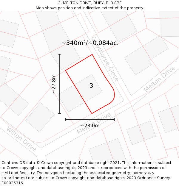 3, MELTON DRIVE, BURY, BL9 8BE: Plot and title map
