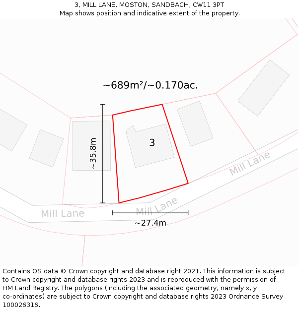 3, MILL LANE, MOSTON, SANDBACH, CW11 3PT: Plot and title map