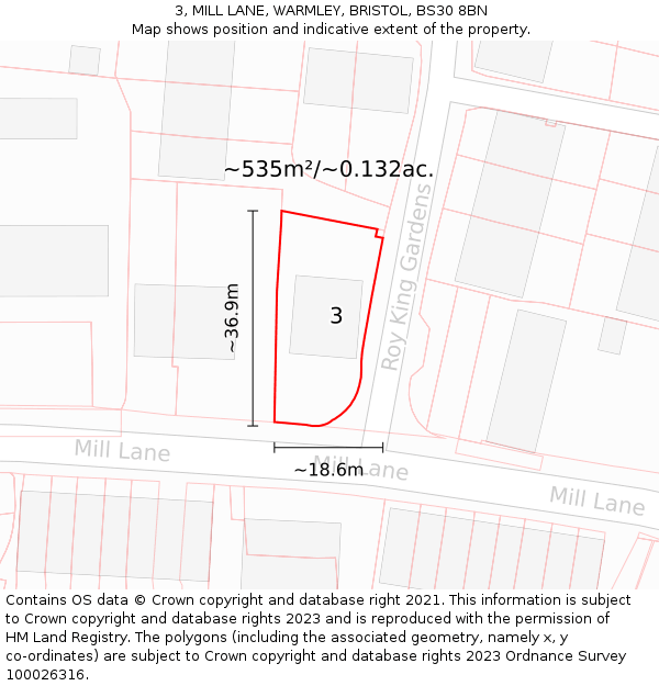 3, MILL LANE, WARMLEY, BRISTOL, BS30 8BN: Plot and title map