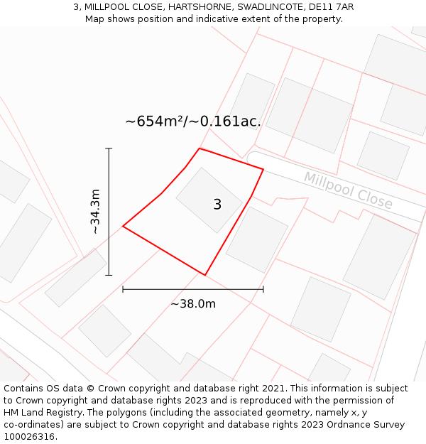 3, MILLPOOL CLOSE, HARTSHORNE, SWADLINCOTE, DE11 7AR: Plot and title map