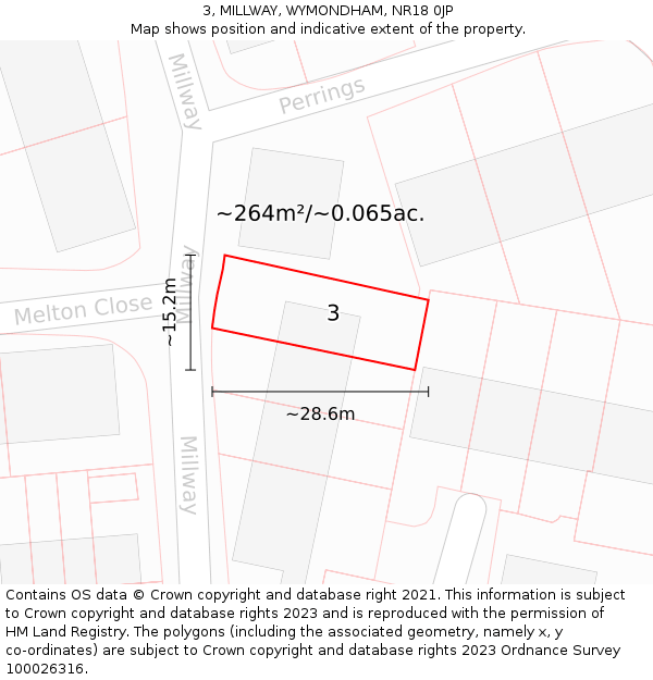 3, MILLWAY, WYMONDHAM, NR18 0JP: Plot and title map