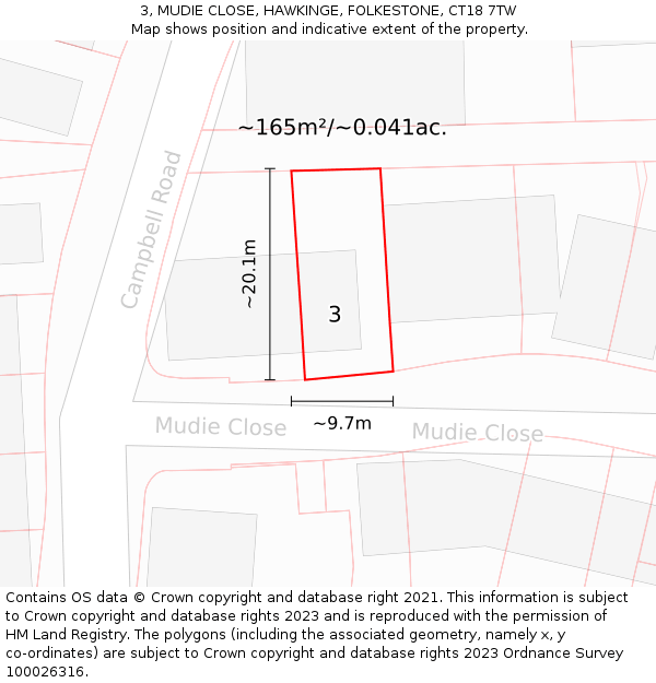 3, MUDIE CLOSE, HAWKINGE, FOLKESTONE, CT18 7TW: Plot and title map
