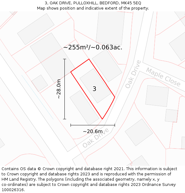 3, OAK DRIVE, PULLOXHILL, BEDFORD, MK45 5EQ: Plot and title map