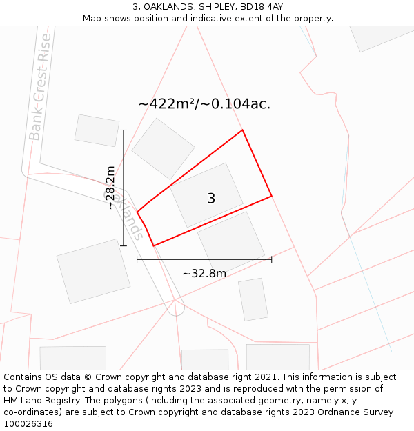 3, OAKLANDS, SHIPLEY, BD18 4AY: Plot and title map