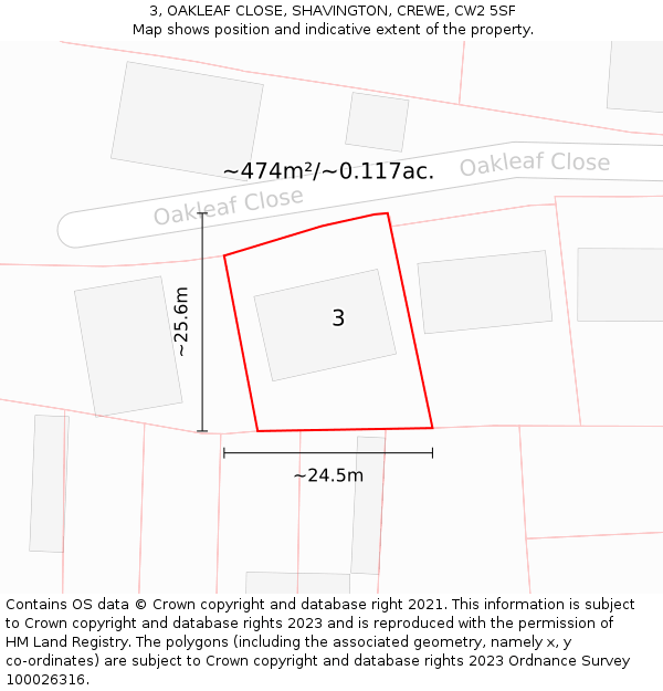 3, OAKLEAF CLOSE, SHAVINGTON, CREWE, CW2 5SF: Plot and title map