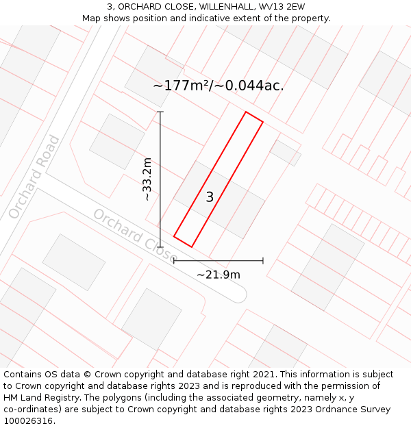 3, ORCHARD CLOSE, WILLENHALL, WV13 2EW: Plot and title map