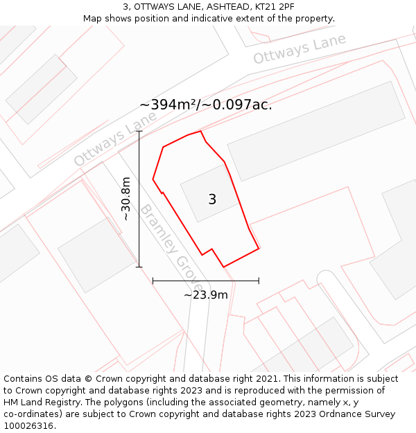 3, OTTWAYS LANE, ASHTEAD, KT21 2PF: Plot and title map