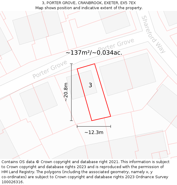 3, PORTER GROVE, CRANBROOK, EXETER, EX5 7EX: Plot and title map
