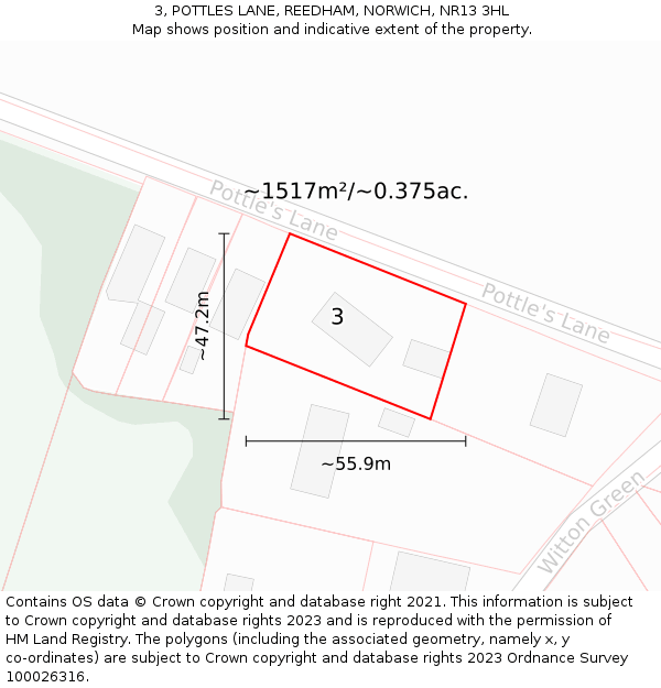 3, POTTLES LANE, REEDHAM, NORWICH, NR13 3HL: Plot and title map