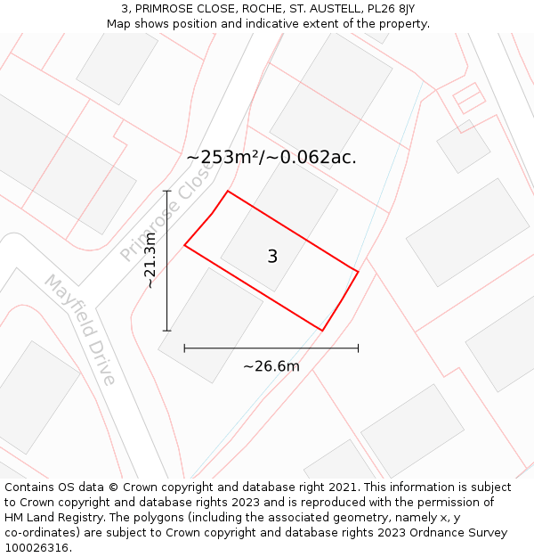 3, PRIMROSE CLOSE, ROCHE, ST. AUSTELL, PL26 8JY: Plot and title map
