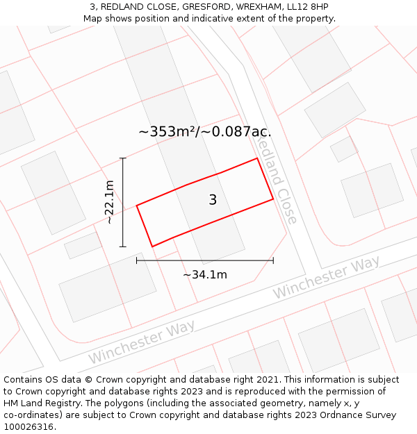 3, REDLAND CLOSE, GRESFORD, WREXHAM, LL12 8HP: Plot and title map