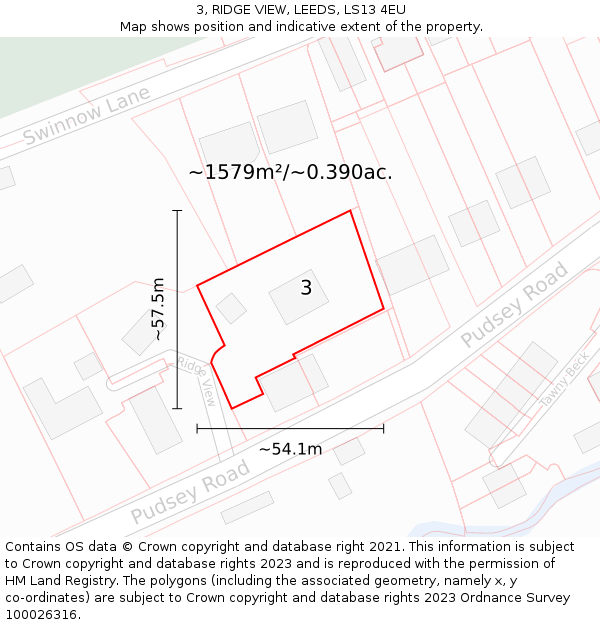 3, RIDGE VIEW, LEEDS, LS13 4EU: Plot and title map