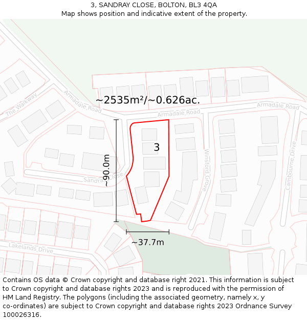 3, SANDRAY CLOSE, BOLTON, BL3 4QA: Plot and title map