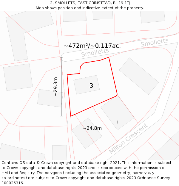 3, SMOLLETS, EAST GRINSTEAD, RH19 1TJ: Plot and title map