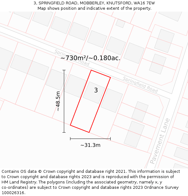 3, SPRINGFIELD ROAD, MOBBERLEY, KNUTSFORD, WA16 7EW: Plot and title map
