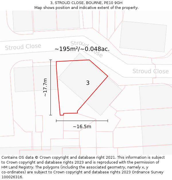 3, STROUD CLOSE, BOURNE, PE10 9GH: Plot and title map