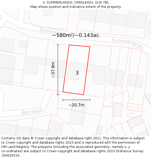 3, SUMMERLANDS, CRANLEIGH, GU6 7BL: Plot and title map