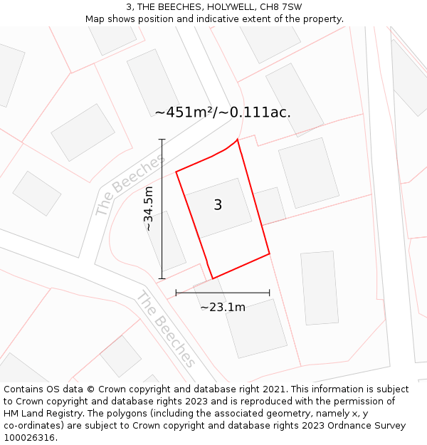3, THE BEECHES, HOLYWELL, CH8 7SW: Plot and title map