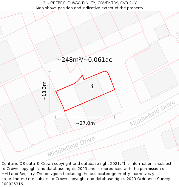 3, UPPERFIELD WAY, BINLEY, COVENTRY, CV3 2UY: Plot and title map