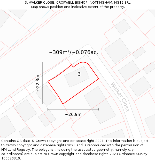 3, WALKER CLOSE, CROPWELL BISHOP, NOTTINGHAM, NG12 3RL: Plot and title map