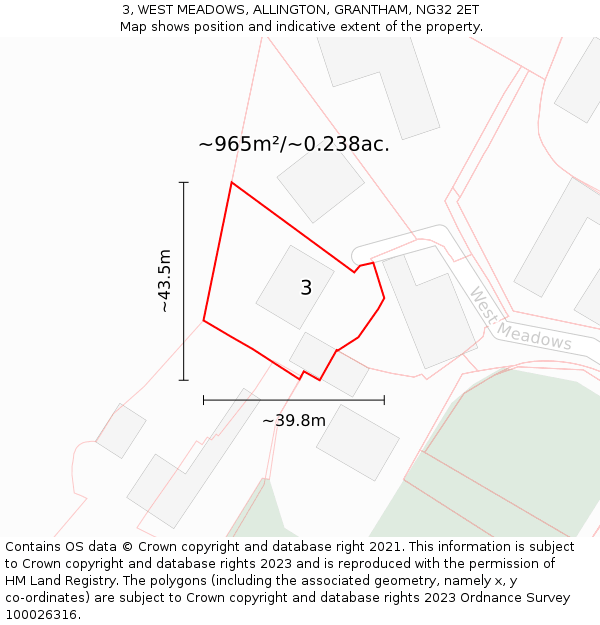 3, WEST MEADOWS, ALLINGTON, GRANTHAM, NG32 2ET: Plot and title map