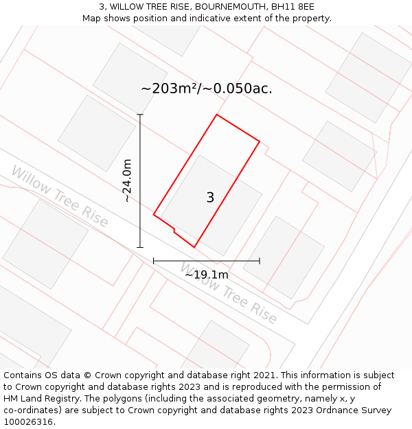 3, WILLOW TREE RISE, BOURNEMOUTH, BH11 8EE: Plot and title map