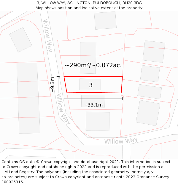 3, WILLOW WAY, ASHINGTON, PULBOROUGH, RH20 3BG: Plot and title map