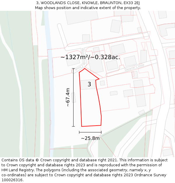 3, WOODLANDS CLOSE, KNOWLE, BRAUNTON, EX33 2EJ: Plot and title map