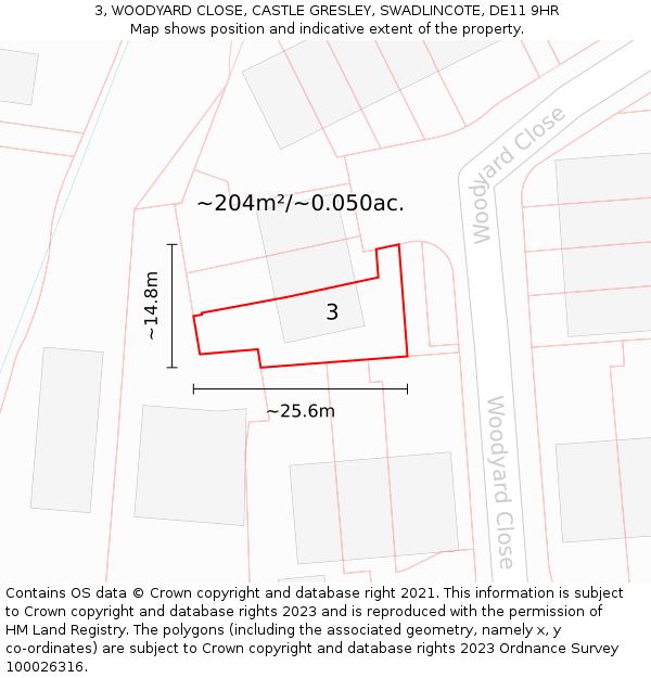 3, WOODYARD CLOSE, CASTLE GRESLEY, SWADLINCOTE, DE11 9HR: Plot and title map