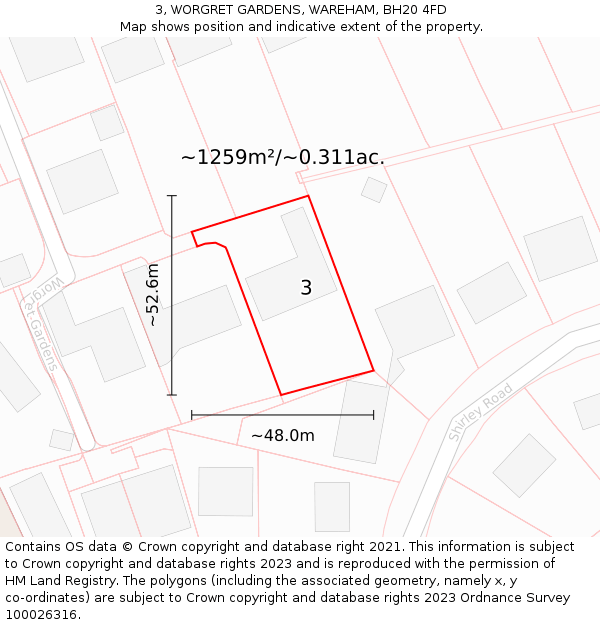 3, WORGRET GARDENS, WAREHAM, BH20 4FD: Plot and title map