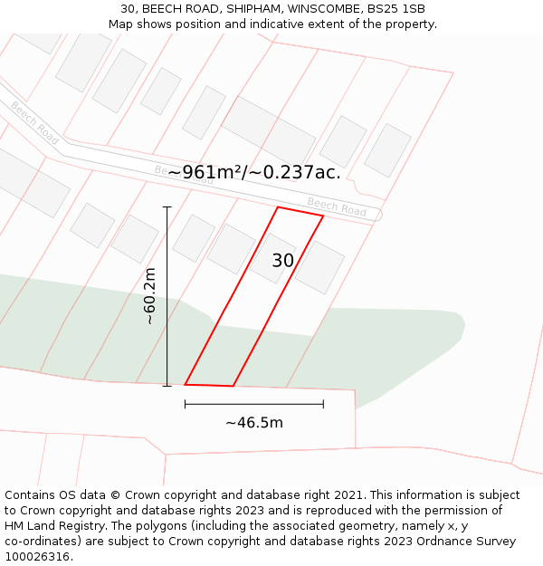 30, BEECH ROAD, SHIPHAM, WINSCOMBE, BS25 1SB: Plot and title map