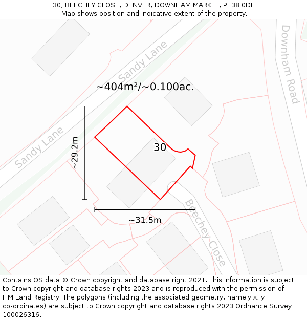 30, BEECHEY CLOSE, DENVER, DOWNHAM MARKET, PE38 0DH: Plot and title map