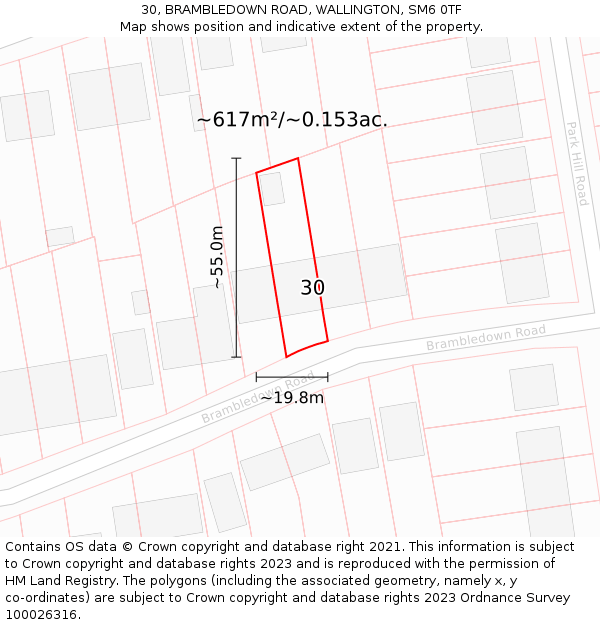 30, BRAMBLEDOWN ROAD, WALLINGTON, SM6 0TF: Plot and title map