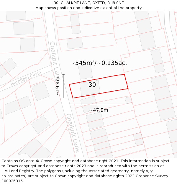 30, CHALKPIT LANE, OXTED, RH8 0NE: Plot and title map