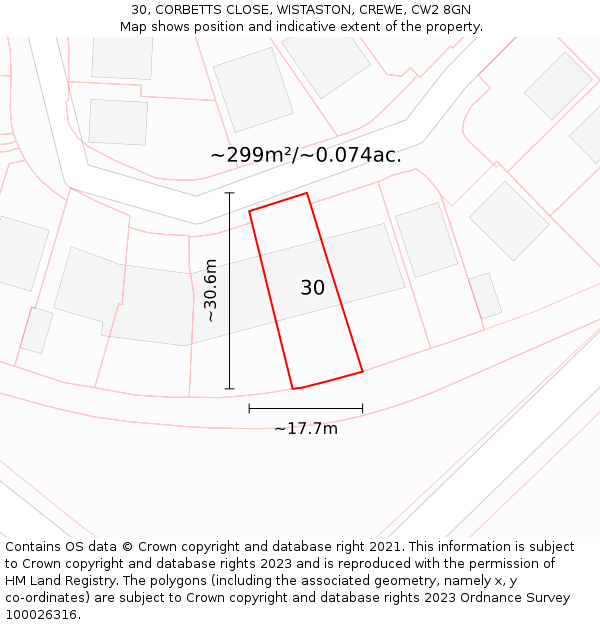 30, CORBETTS CLOSE, WISTASTON, CREWE, CW2 8GN: Plot and title map