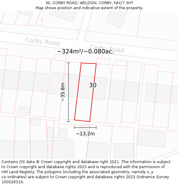 30, CORBY ROAD, WELDON, CORBY, NN17 3HT: Plot and title map